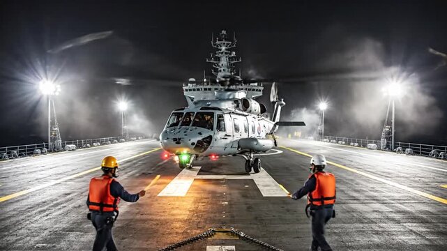 Night helicopter lands on a illuminated aircraft carrier deck; two crew signals guide approach now.
