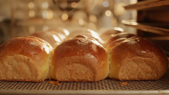 Plump golden brioche buns arranged in a neat row on a perforated baking tray, freshly baked and steaming with warmth.