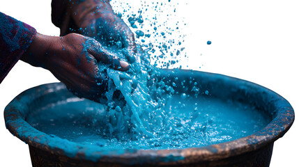Fototapeta premium Close-up of hands pouring blue water from a bucket during Holi celebrations isolated on white background