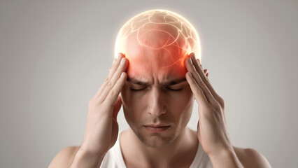 A man holds his head, depicting stress or pain, with a glowing outline suggesting mental strain or tension above his forehead.