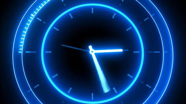 Animated clock with glowing blue neon effect, showing time passing on black background.