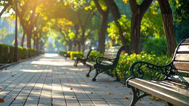 Scenic park pathway with benches and lush trees bathed in warm sunlight.
