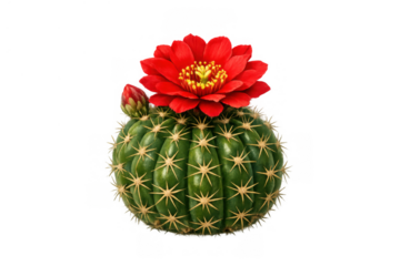 Blooming cactus showing vibrant red flower and bud, green succulent plant with sharp spikes, transparent background