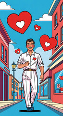 A man in love walks down the street. Valentines Day. Pop art retro illustration vintage kitsch 50s 60s style.