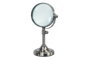 Desk magnifying glass with metal stand, focusing on detail, research, and inspection, transparent background