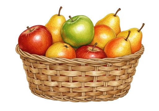 Detailed watercolor illustration of an intricately woven wicker basket overflowing with crisp red apples, bright green apples, and plump golden pears on a transparent background. Serene autumn - Powered by Adobe