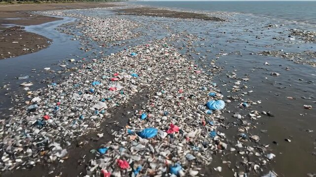 Vast river delta transformed into a dense tapestry of plastic fragments and sediment, illustrating urgent environmental pollution crisis