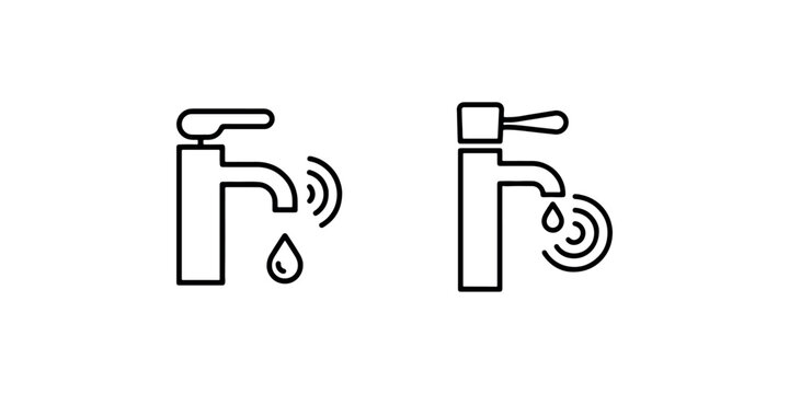 Outline icons set showing sensor faucet and manual tap with water drip and signal