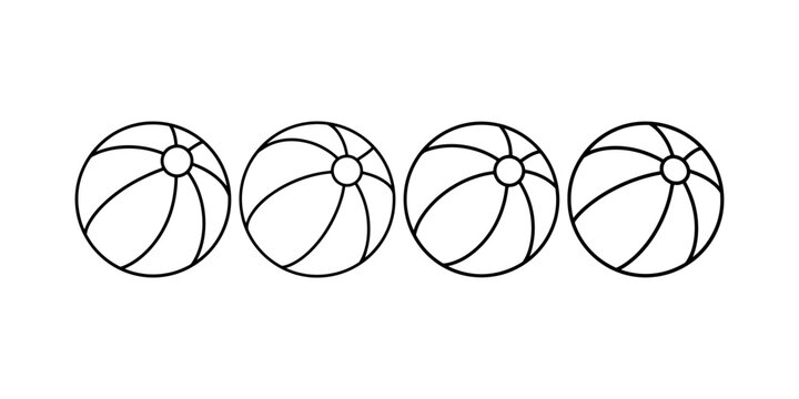 Four cartoon beach balls in a row with simple black line design and segments