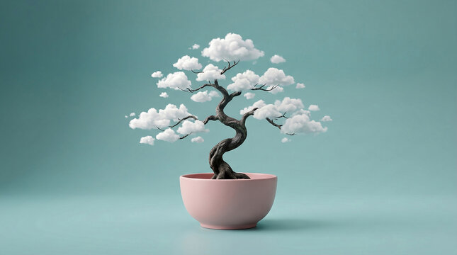Minimalist bonsai tree with white cloud leaves in pastel pot