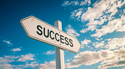 Fototapeta premium Directional sign pointing to success under blue sky