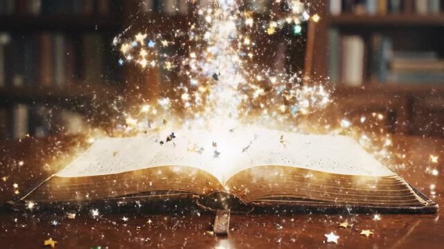 Open old book on a wooden table, glowing sparkles rise from pages in a warm, cozy library. So! Magic