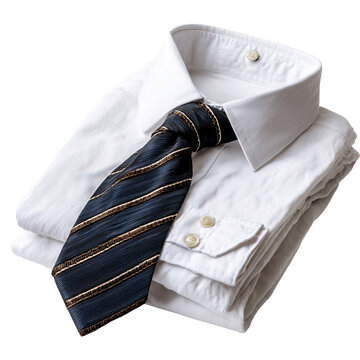 Folded clothing stack with sweater and shirt concept. Neatly folded white shirt with a stylish blue striped tie.