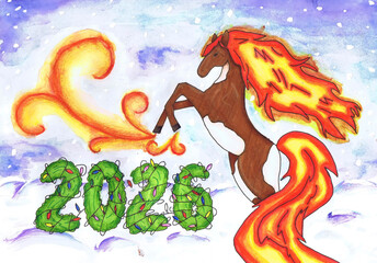 A horse with a fiery mane and tail stands on its hind hooves. 2026. Happy New Year! Children's drawing