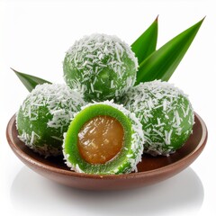 Product photo of Indonesian klepon dessert, cut open with melted palm sugar filling, clean studio background.