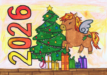 A horse stands near a Christmas tree with gifts. 2026. Happy New Year! Children's drawing