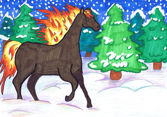 A horse with a fiery mane and tail walks through the winter forest. 2026. Happy New Year! Children's drawing