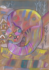 A big cat sleeps with fish in its paws. Children's drawing