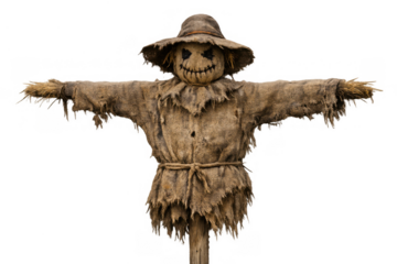 Creepy halloween scarecrow with a carved pumpkin face, wearing a ragged burlap costume and straw hat, on a transparent background