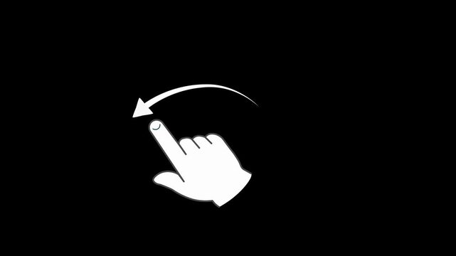 Swipe Up Gesture or swipe left Minimal Flat Animation Icon isolated on black background. Cursor Hand Swiping Up With Curved Arrow. User Interface Interaction And App Usability.

