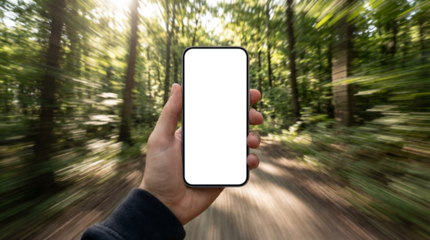 Action-focused vertical smartphone mockup held by a hand on a sunlit forest trail. Motion blur background conveys speed, adventure, navigation, and outdoor activities.