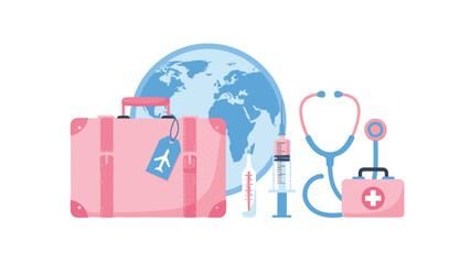 A pink suitcase with an airplane tag, a world map, a thermometer, syringe, and stethoscope, collectively symbolize global health travel and medical tourism.