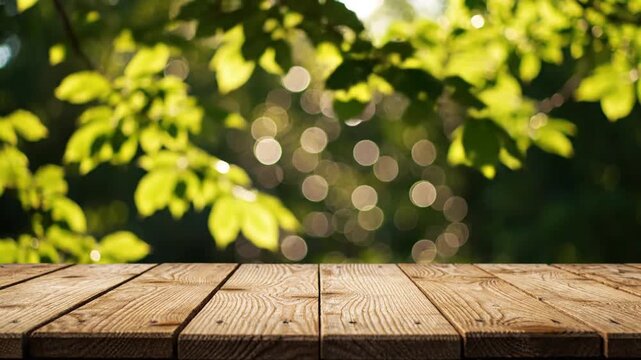 Cinematic slow motion capture of a rustic empty wooden plank surface with lush green tree foliage swaying in the soft wind against a blurred natural outdoor background for product placement.