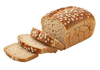Freshly baked whole wheat bread loaf with golden rolled oats, three cut slices showing soft interior, on a transparent background with copy space. Healthy whole grain bakery concept