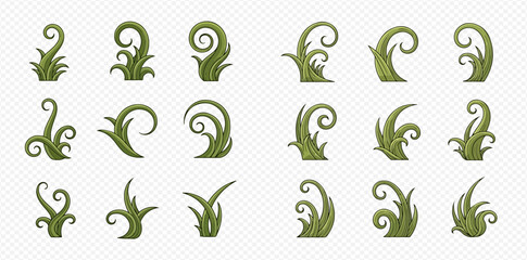 Set of green grass elements with various shapes and curly designs for nature and garden themes. © MuammarAuliyan