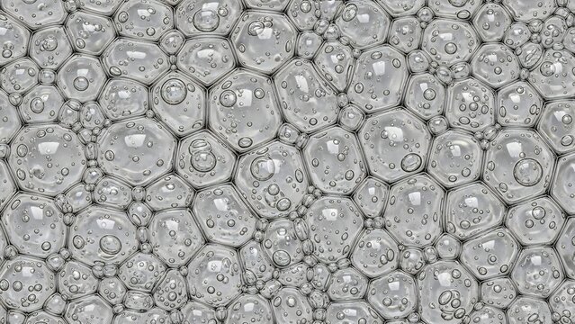 Abstract pattern of translucent, clear bubbles with delicate internal reflections and smaller air pockets, forming a tessellating geometric structure.