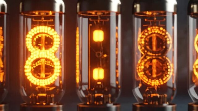 Illuminated nixie tubes displaying numbers, creating a retro-futuristic and technological atmosphere.