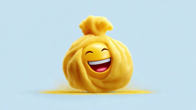 An amusing, cheerful yellow dumpling emoji with an exuberant smile brings joy and laughter, presenting a playful perspective on food through the delightful expression in the vibrant background.