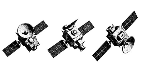 Fototapeta premium Three distinct satellite models with solar panels in space communication illustration