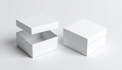 Two white square boxes on a clean white surface, one open and one closed.