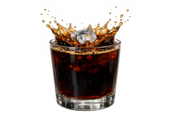 Glass of cola splashing with rapid ice cube drop, creating refreshing fizzy carbonated liquid bubbles, transparent background