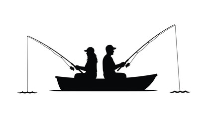 Two fishermen in a boat casting lines a striking black silhouette © momotaj