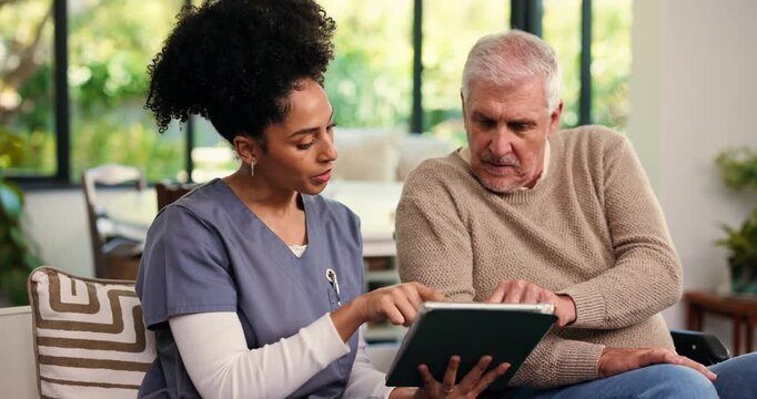 Elderly man, nurse and tablet with results for healthcare, bad news or medical diagnosis in home. Senior, male person and caregiver talking with technology, empathy or support for health advice