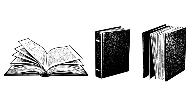 Vintage book illustrations: open and closed hardcover designs in black and white
