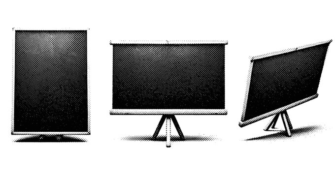 Three vintage projection screens on tripods in black and white