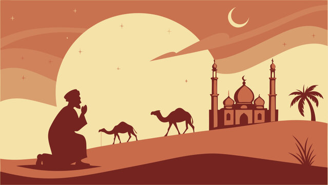 Desert prayer at sunset Vector, illustration