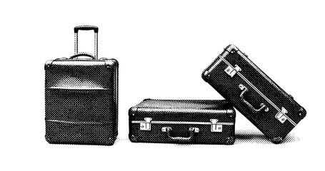 Vintage halftone illustration of three suitcases in different positions