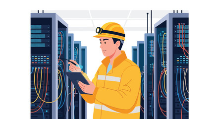 A technician in a yellow hard hat, holding a tablet, stands between server racks, for IT infrastructure and network management tasks.