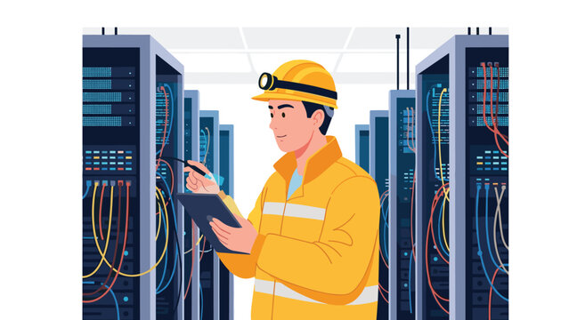 A technician in a yellow hard hat, holding a tablet, stands between server racks, for IT infrastructure and network management tasks. - Powered by Adobe
