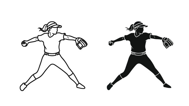 Female baseball player in action pose line art and dark silhouette