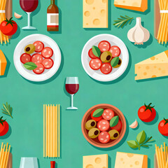 Flat lay pattern of Italian food including wine salami and garlic
