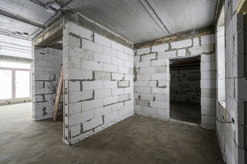 Unfinished room with aerated concrete block walls, concrete floor, exposed ceiling. Open doorways, wooden plank leaning against wall, visible mortar joints, window on left side