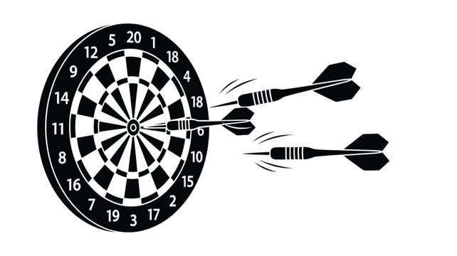 A black and white dartboard with flying darts a striking silhouette