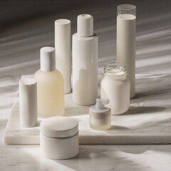 A collection of white cosmetic containers arranged on a marble surface, showcasing a minimalist aesthetic. Elegant beauty product presentation.