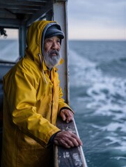 Fototapeta premium An elderly man wearing a yellow raincoat gazes thoughtfully over the side of a fishing boat, surrounded by waves and a cloudy sky. Reflection and contemplation.