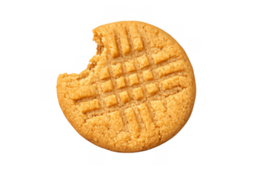 Bitten peanut butter cookie with cross-hatch pattern, showing sweet indulgence and delicious snack food pleasure